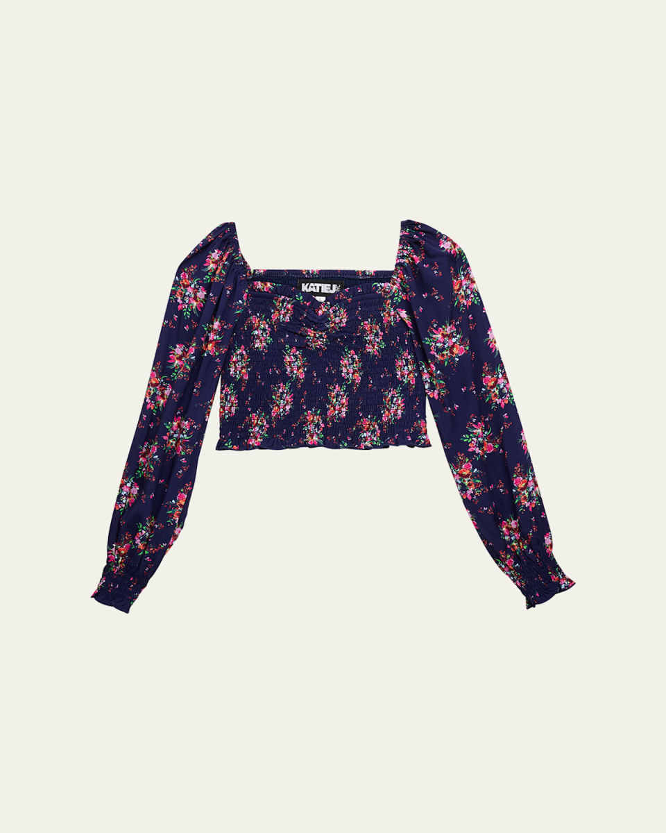 Girl's Floral-Print Smocked Top, Size S-XL